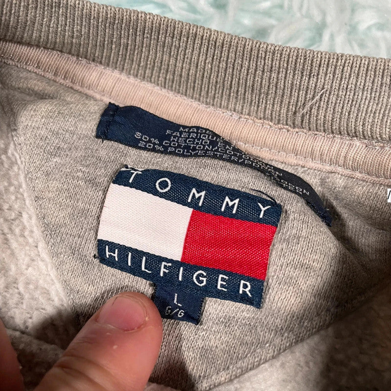 Vintage Grey Tommy Hilfiger Sweatshirt Embroidered Spellout - Large
