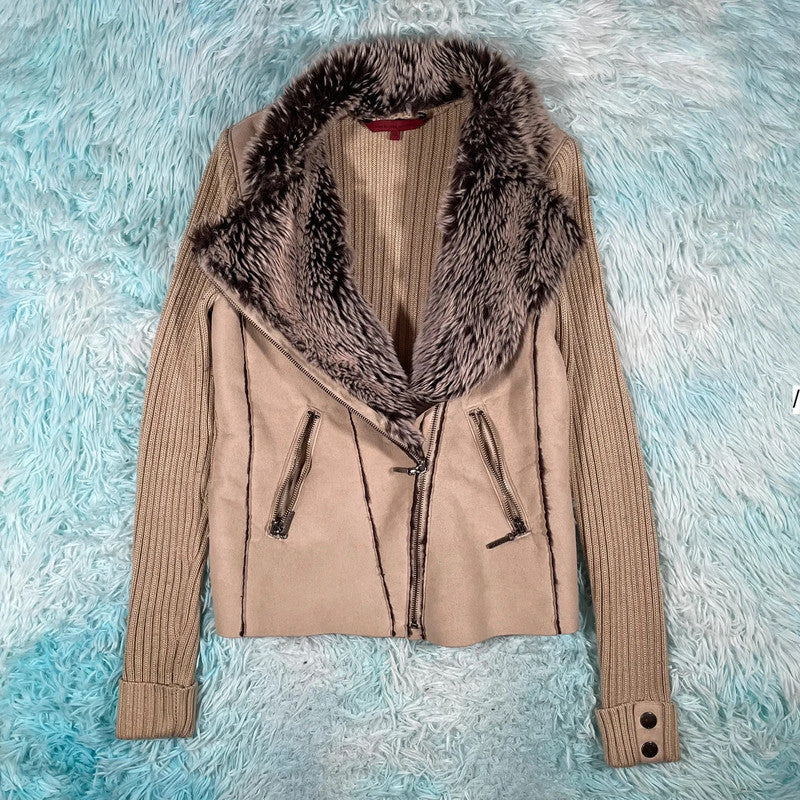 Vintage Y2K Beige Rocha Suede Fur Leather Jacket - Size 10