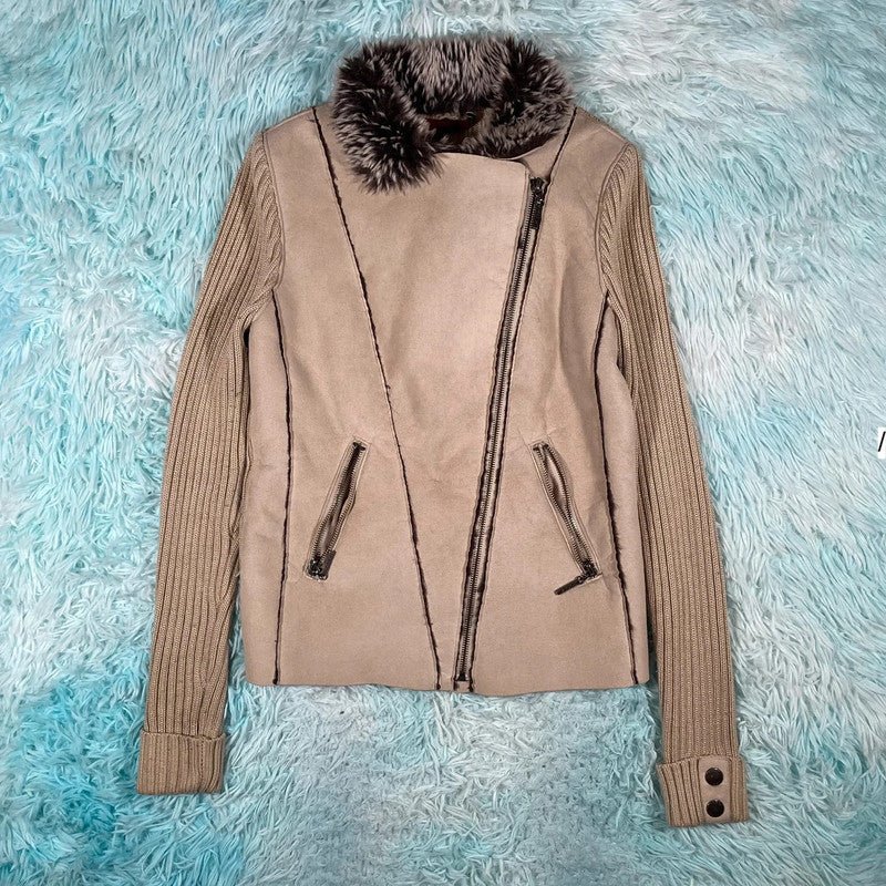 Vintage Y2K Beige Rocha Suede Fur Leather Jacket - Size 10
