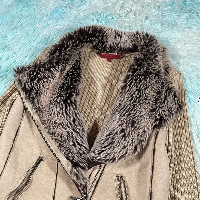 Vintage Y2K Beige Rocha Suede Fur Leather Jacket - Size 10