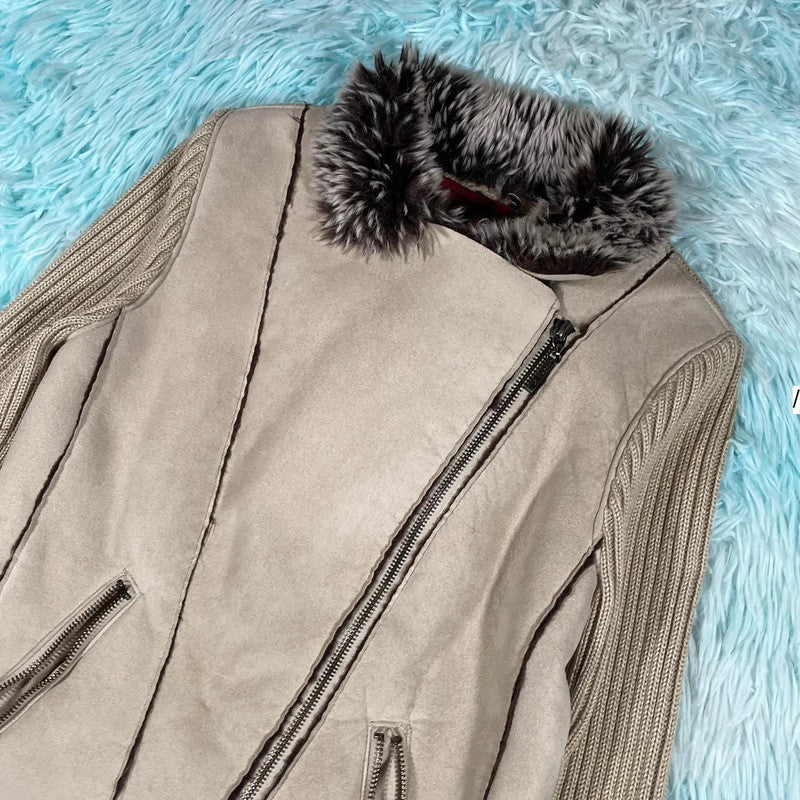Vintage Y2K Beige Rocha Suede Fur Leather Jacket - Size 10