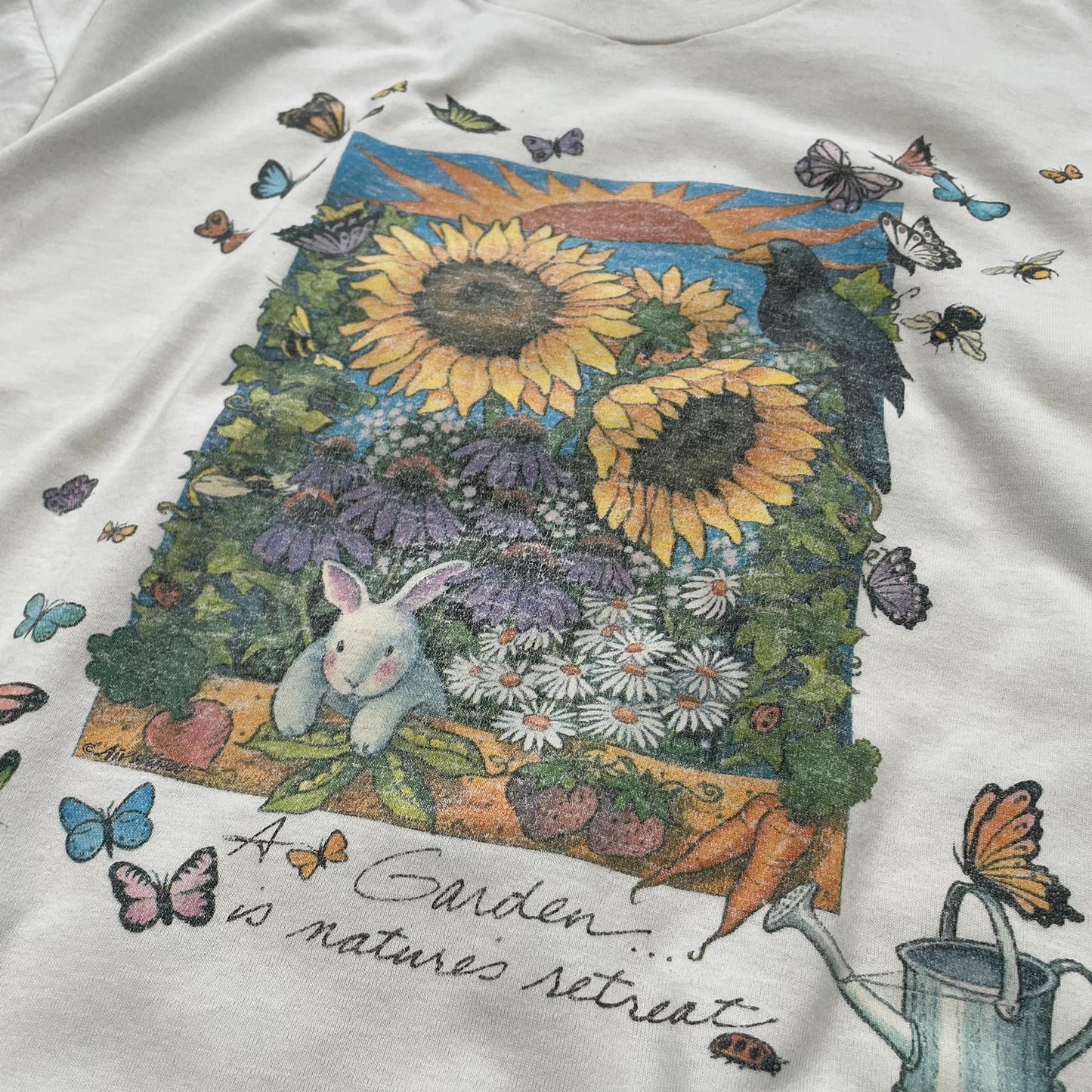 Vintage 90s White Sunflower Gardening Graphic T Shirt - XL