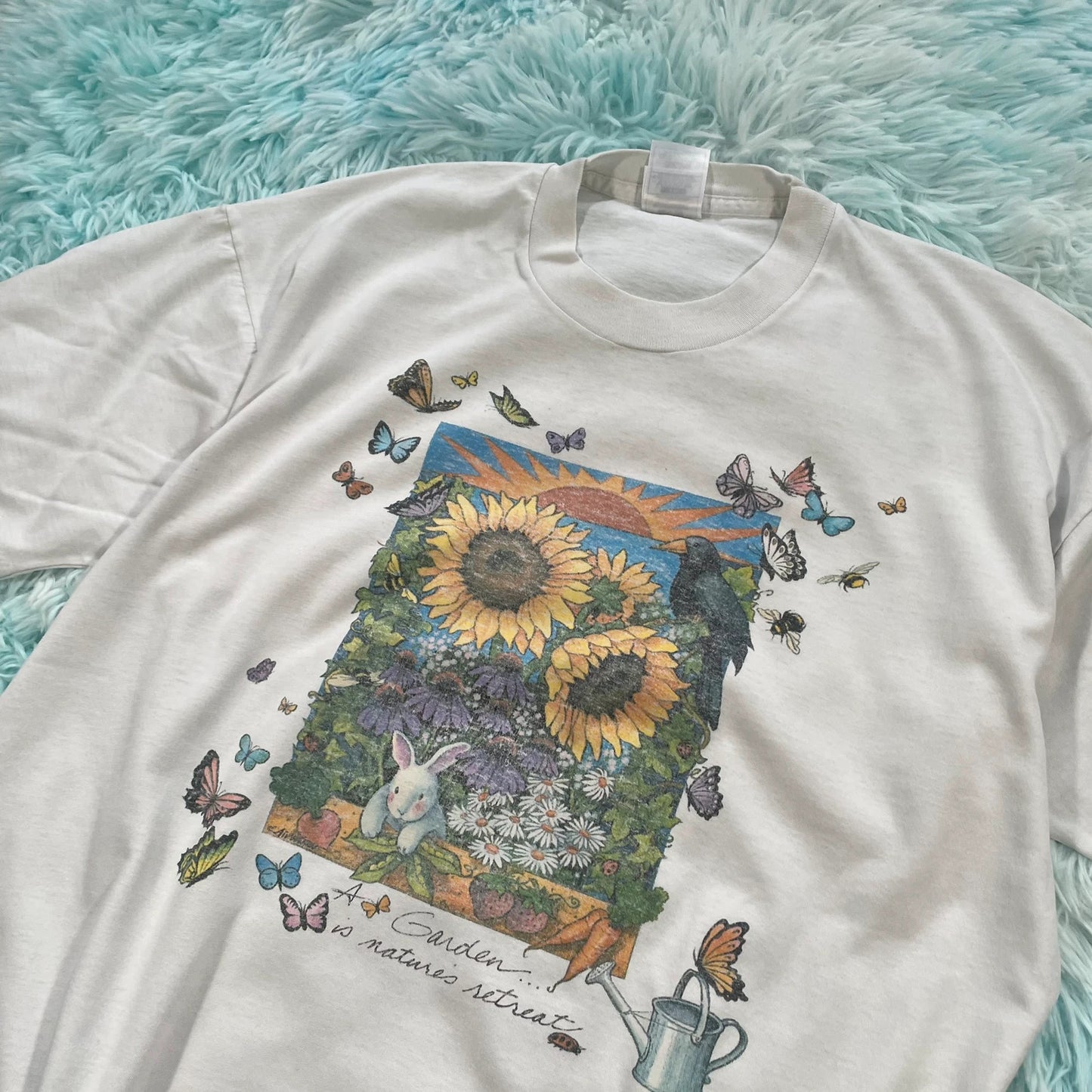 Vintage 90s White Sunflower Gardening Graphic T Shirt - XL