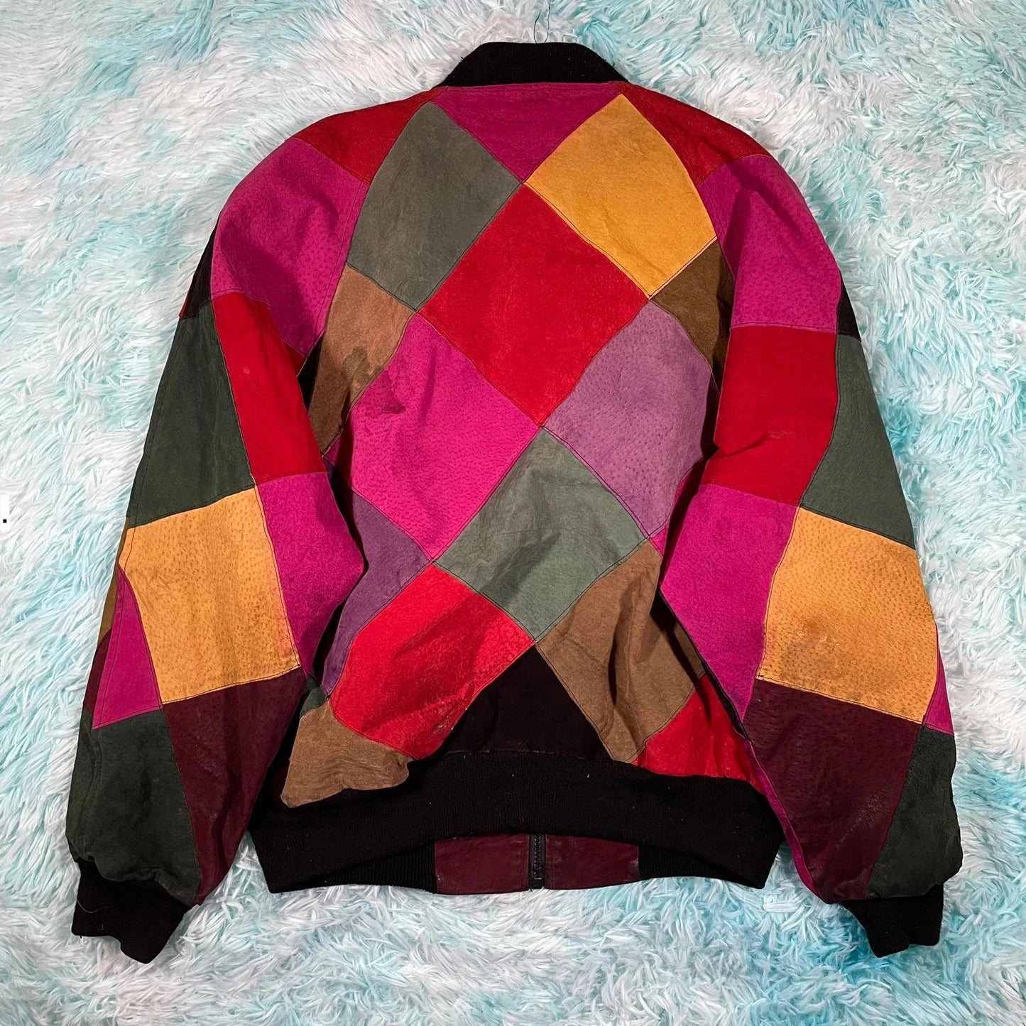 Vintage 80s Multicoloured Leather Bomber Jacket - Medium