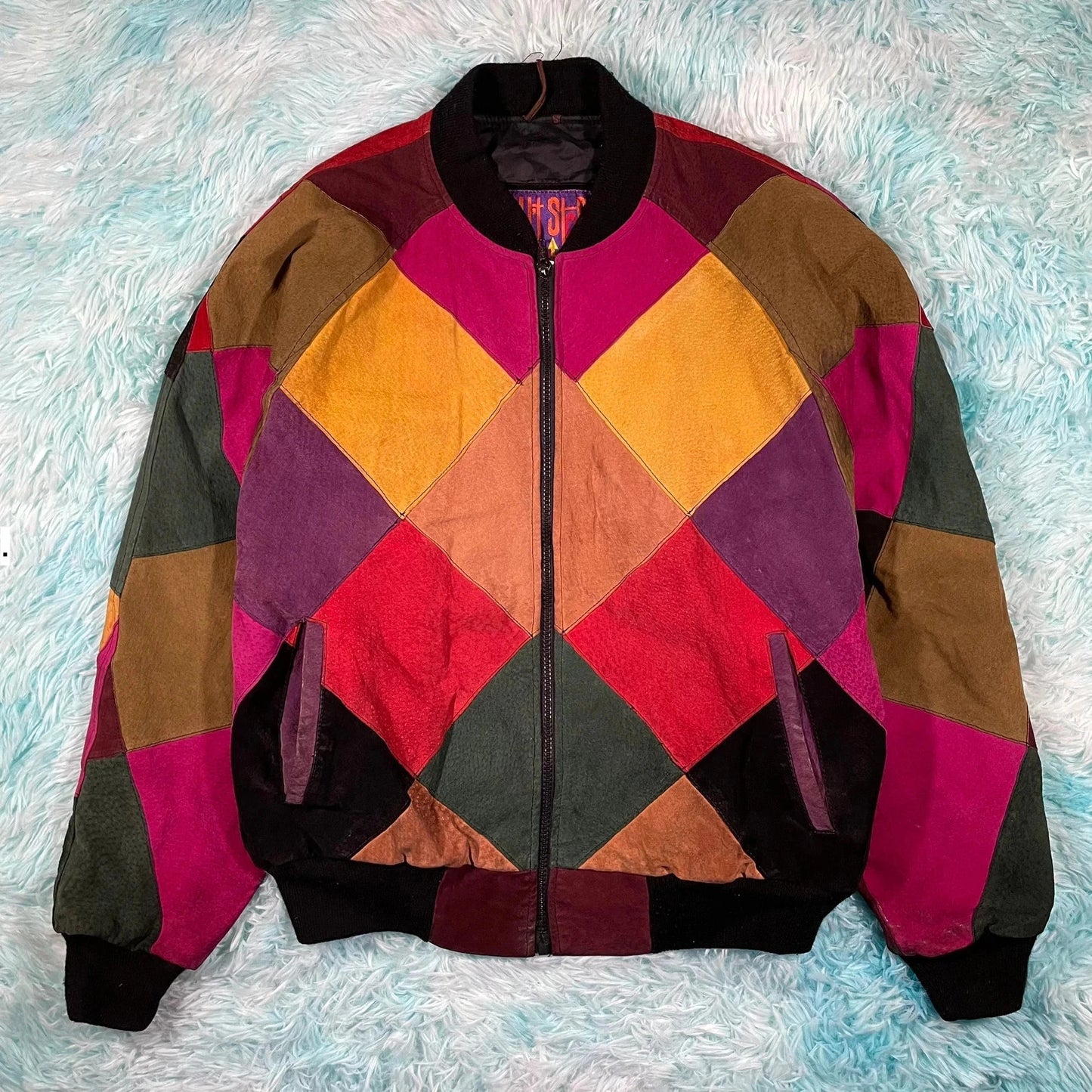 Vintage 80s Multicoloured Leather Bomber Jacket - Medium