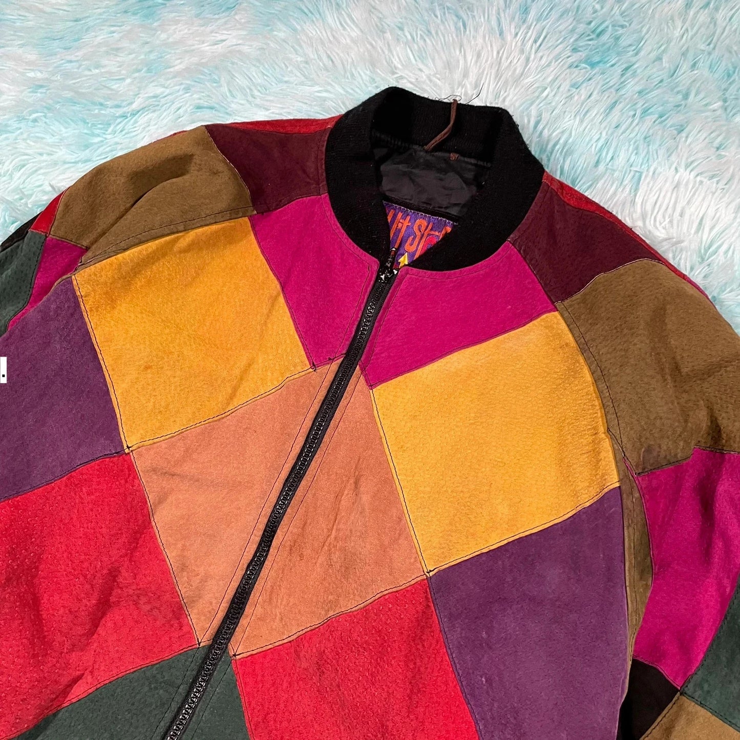 Vintage 80s Multicoloured Leather Bomber Jacket - Medium