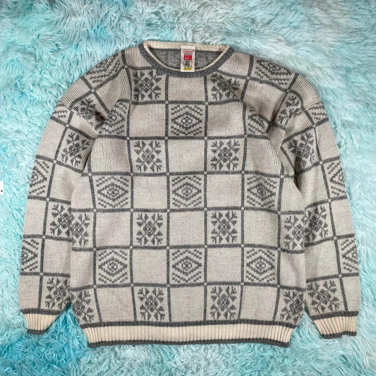Vintage 90s Grey & Cream Grunge Patterned Knitted Jumper - Large