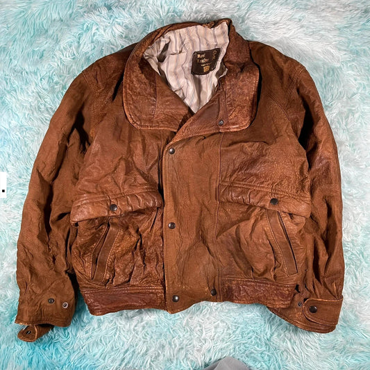 Vintage 90s Brown Leather Bomber Jacket - Medium