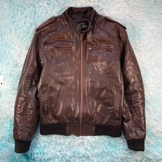 Brown Leather Bomber Jacket - Large