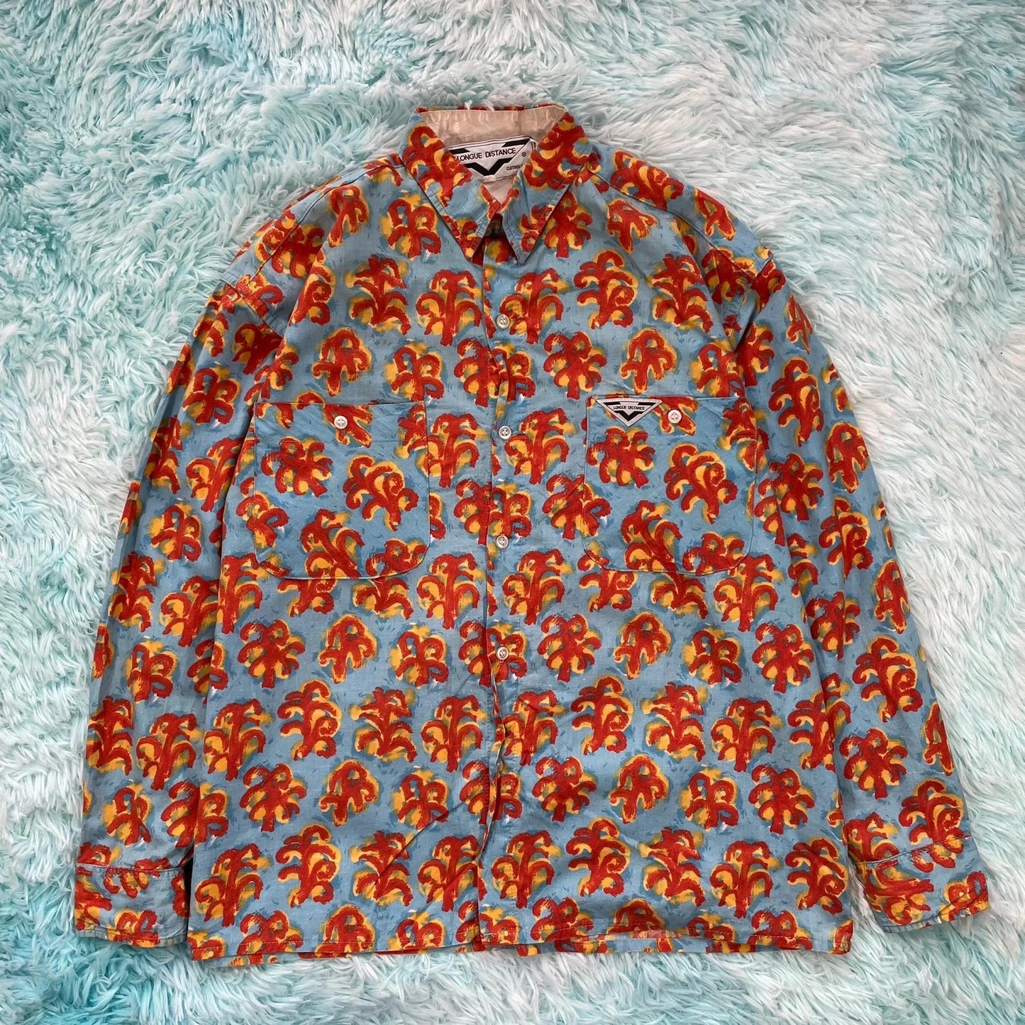 Vintage 80s Blue Patterned French Shirt - Large