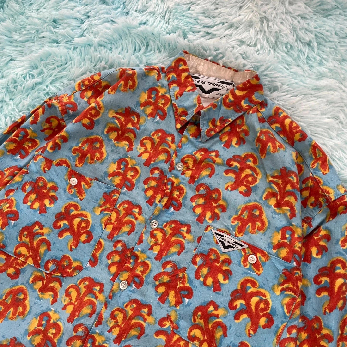 Vintage 80s Blue Patterned French Shirt - Large