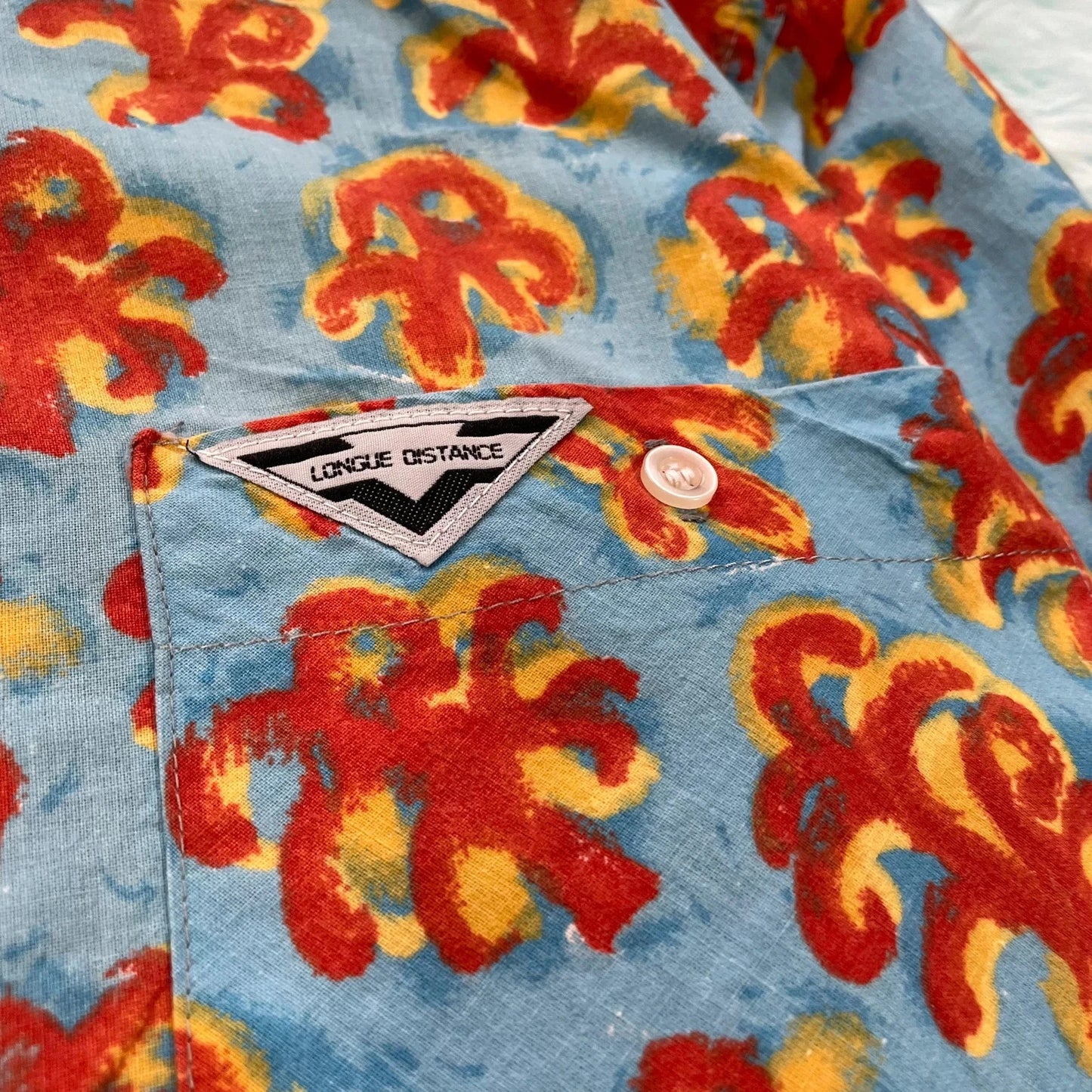 Vintage 80s Blue Patterned French Shirt - Large