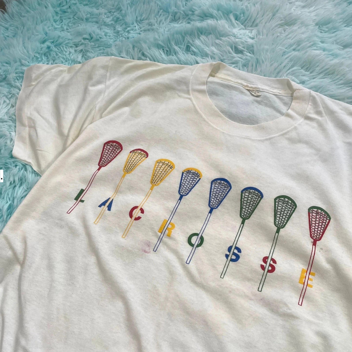 Vintage 80s White lacrosse Print T Shirt - Large