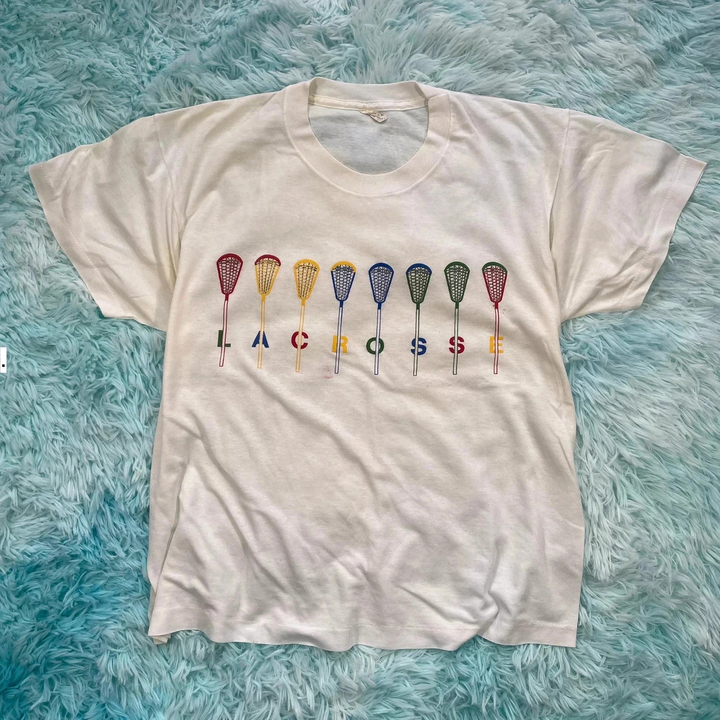 Vintage 80s White lacrosse Print T Shirt - Large