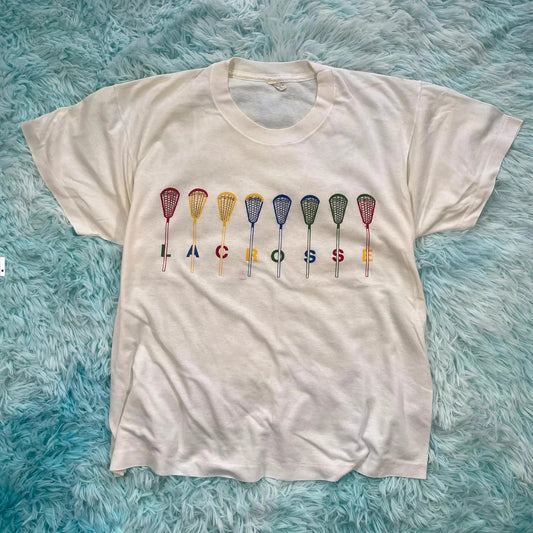 Vintage 80s White lacrosse Print T Shirt - Large