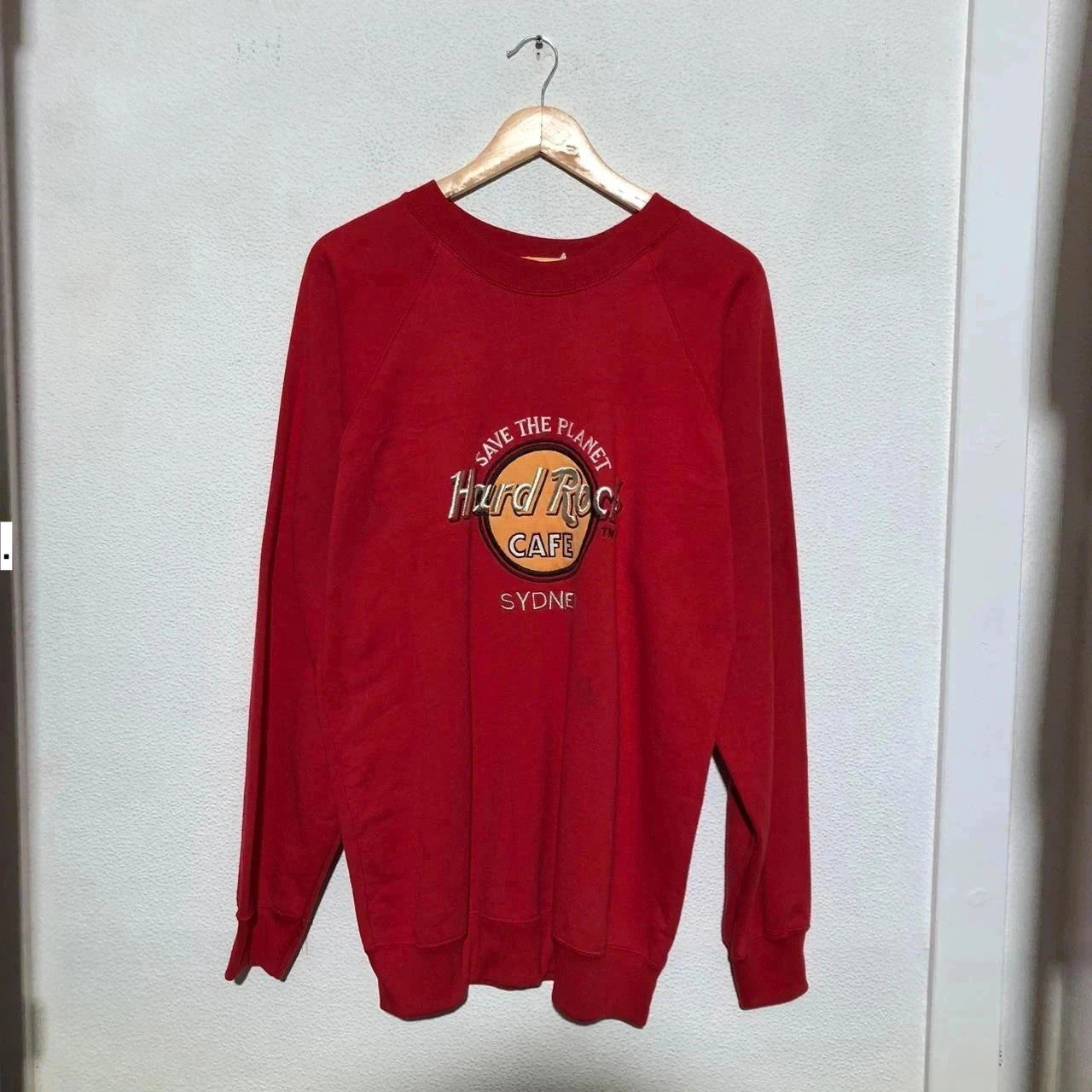 Vintage 90s Red Hard Rock Cafe Sweatshirt Embroidered Spellout - XL