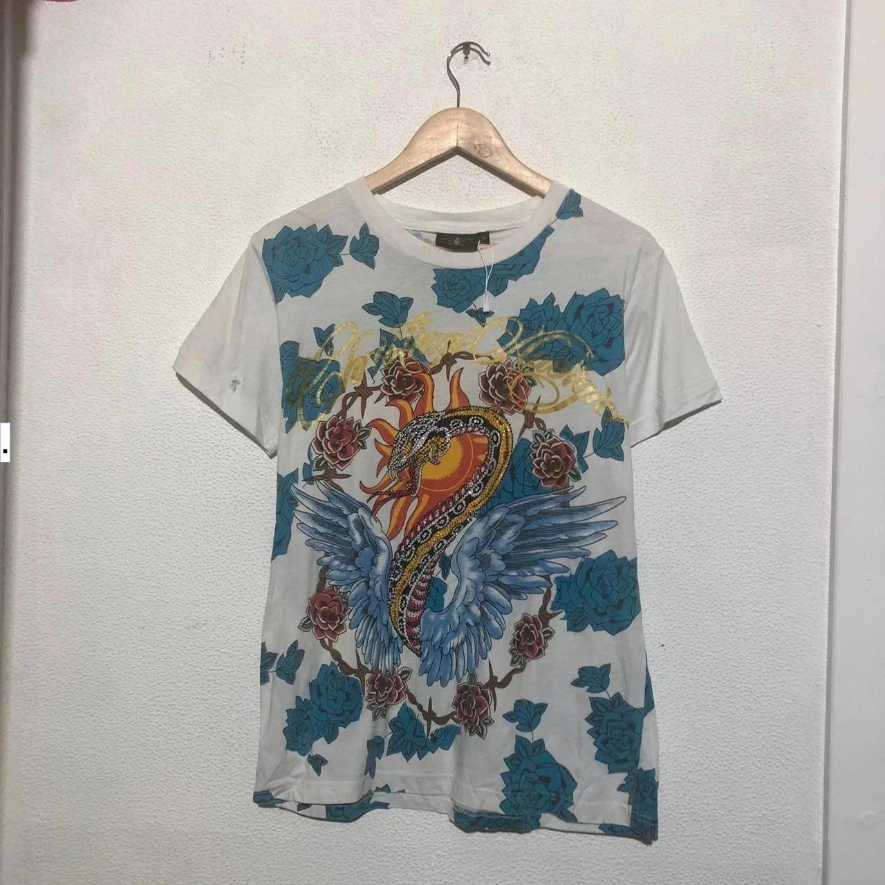 Vintage 00s White & Blue Christian Audiger T Shirt Bedazzled Snake Print - Medium
