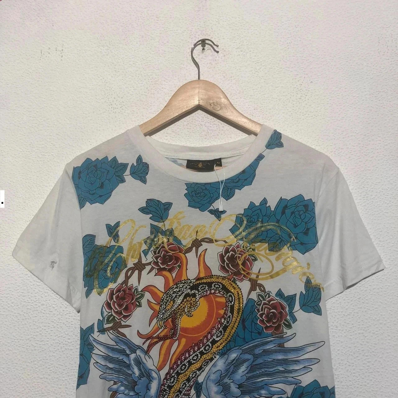 Vintage 00s White & Blue Christian Audiger T Shirt Bedazzled Snake Print - Medium