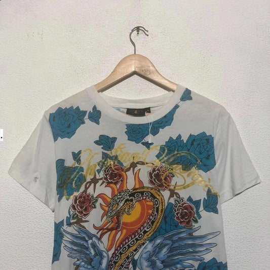 Vintage 00s White & Blue Christian Audiger T Shirt Bedazzled Snake Print - Medium