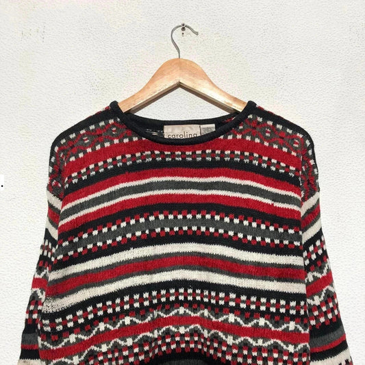 Vintage 80s Red Patterned Striped Knitted Jumper - Large