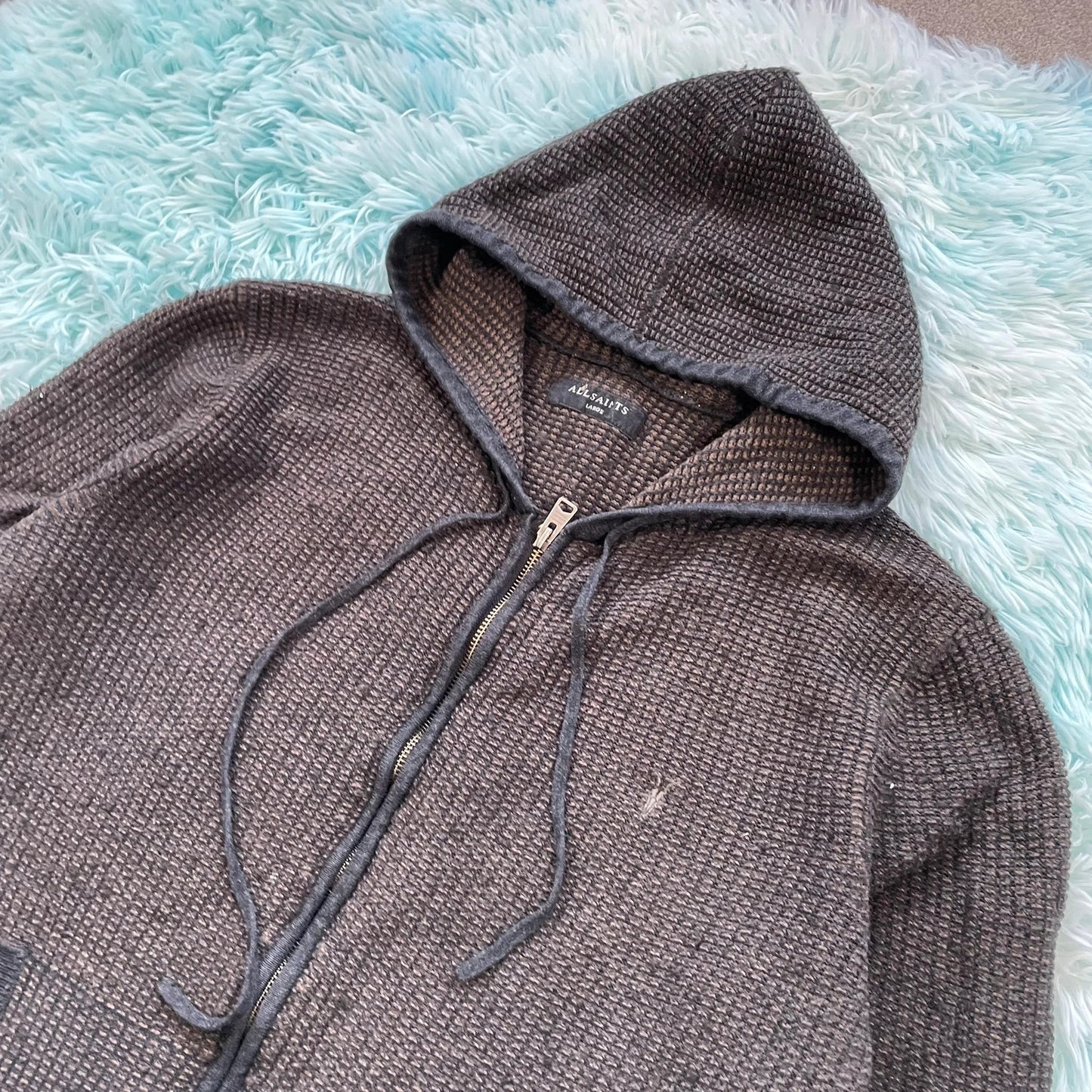 Dark Brown AllSaints Ribbed Knitted Hoodie Full Zip - Large