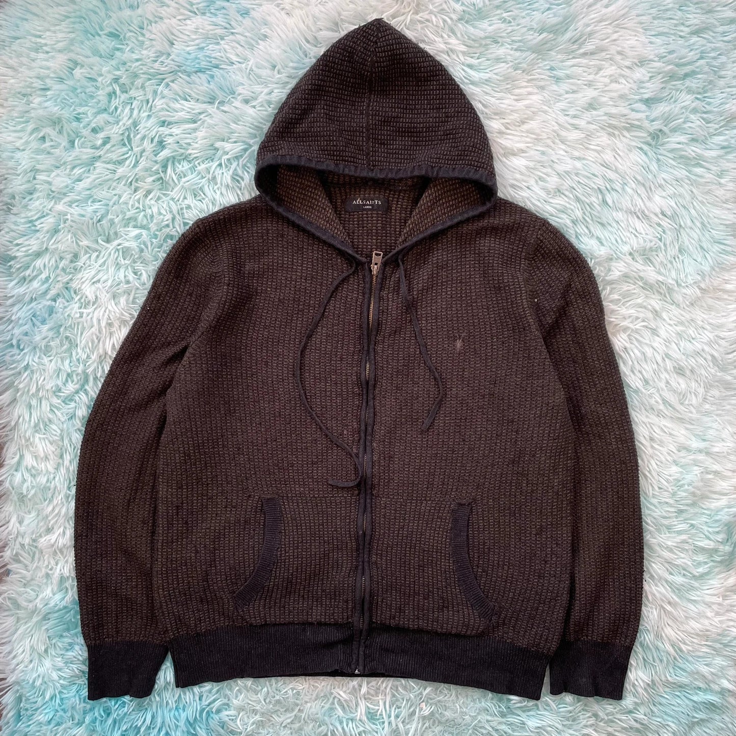 Dark Brown AllSaints Ribbed Knitted Hoodie Full Zip - Large