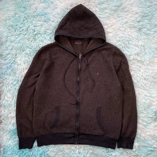 Dark Brown AllSaints Ribbed Knitted Hoodie Full Zip - Large