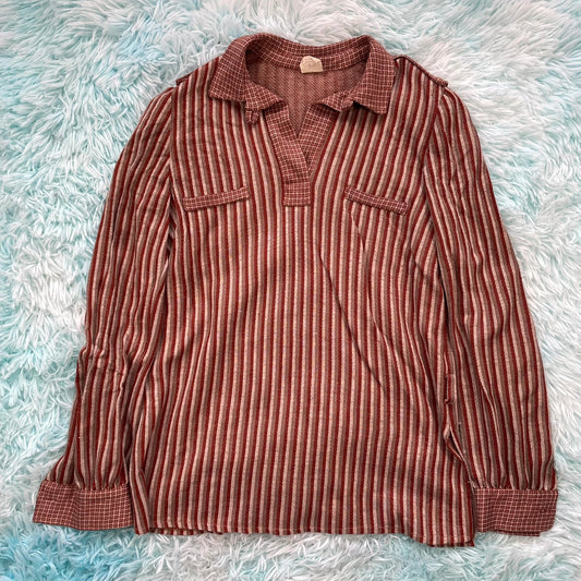 Vintage 1970s Brown Striped Polo Top Shirt - Medium