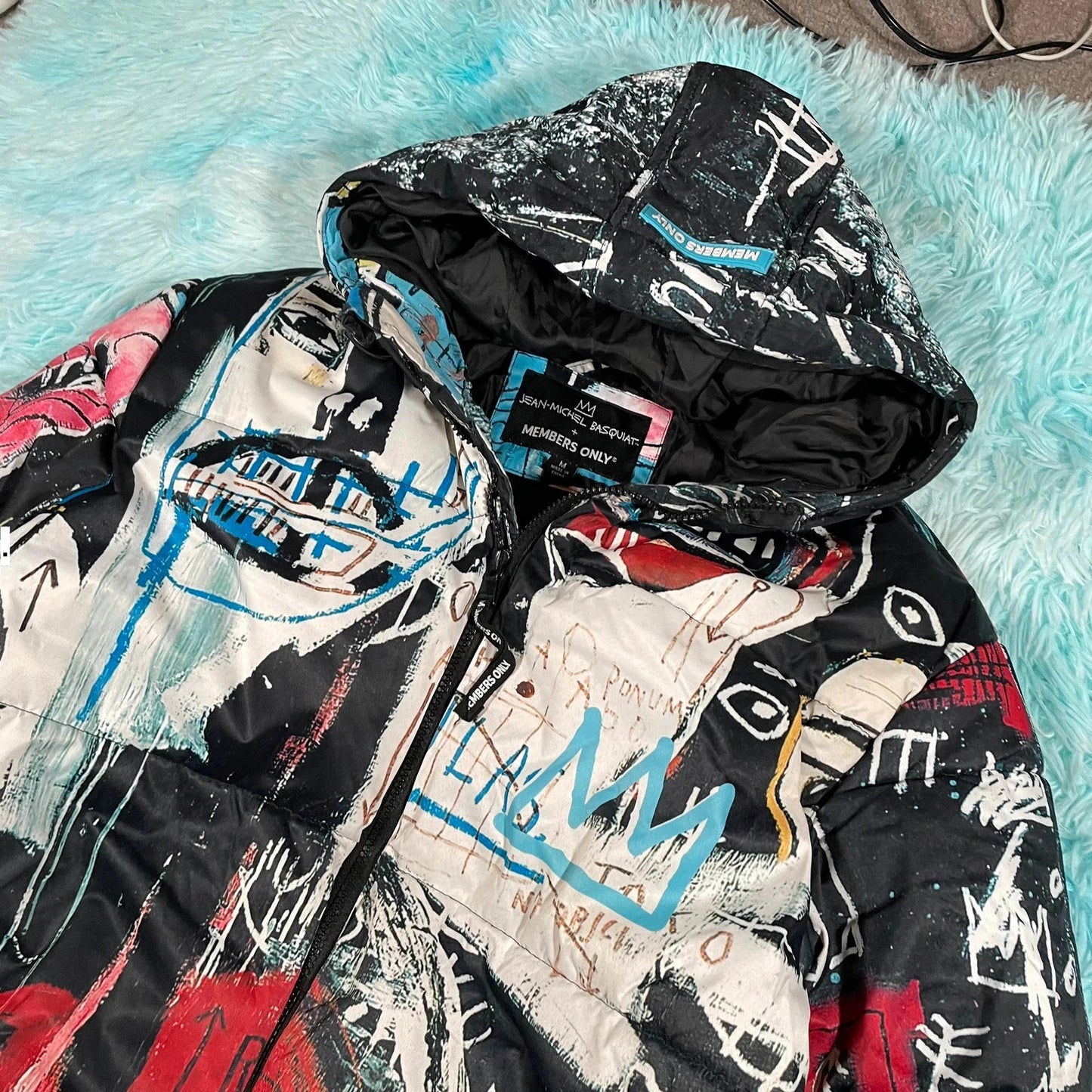 Black Patterned Members Only Jean-Michel Basquiet Puffer Jacket - Medium