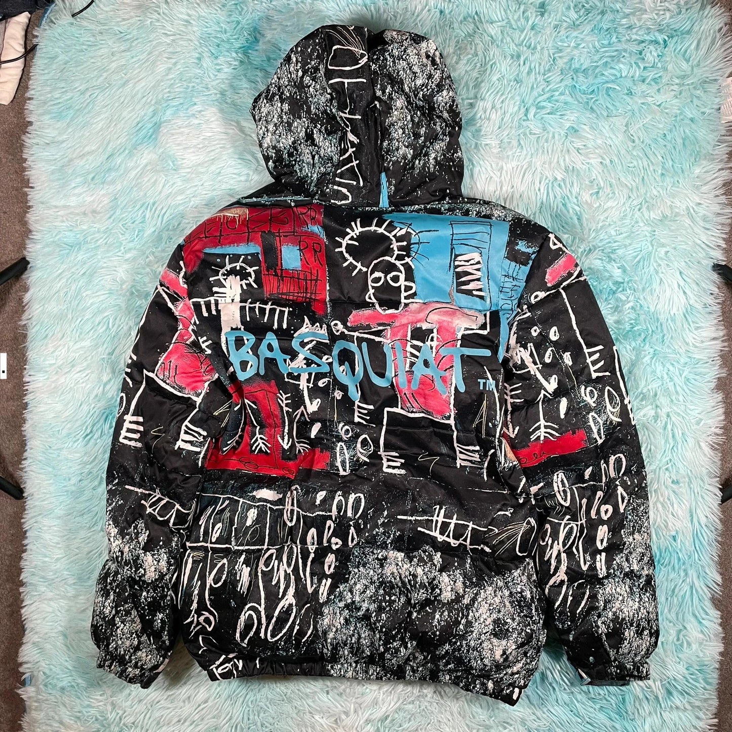 Black Patterned Members Only Jean-Michel Basquiet Puffer Jacket - Medium