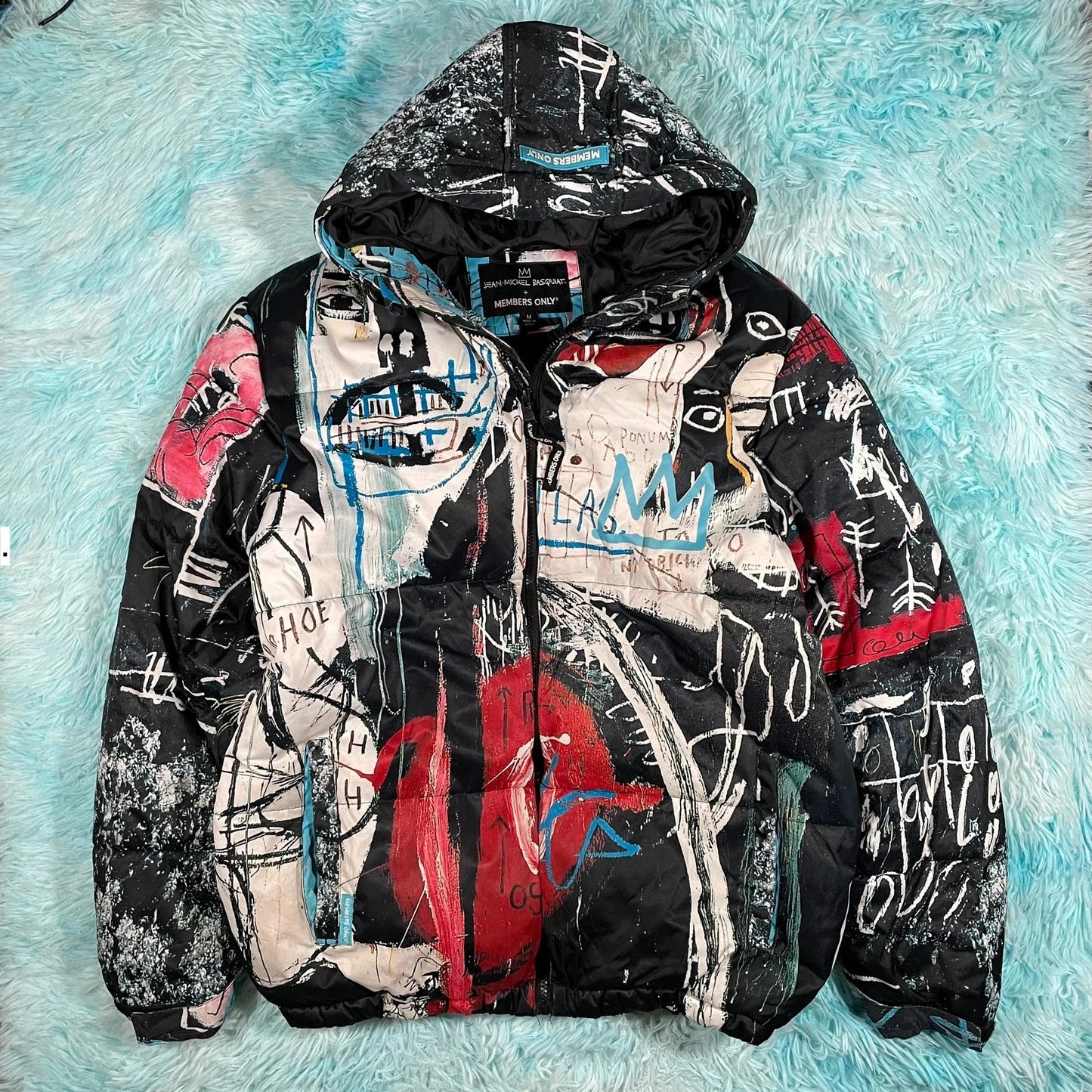 Black Patterned Members Only Jean-Michel Basquiet Puffer Jacket - Medium