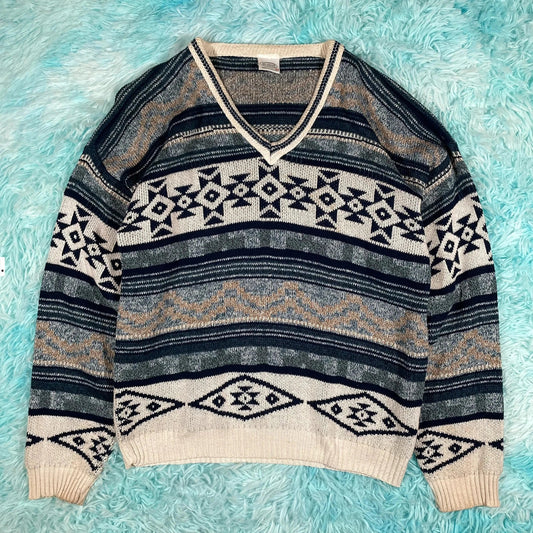 Vintage 90s Navy Funky Patterned Knitted Jumper - Medium