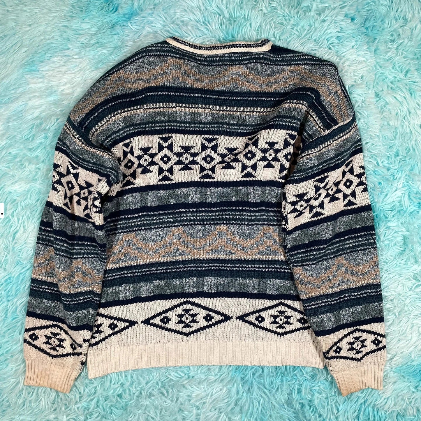 Vintage 90s Navy Funky Patterned Knitted Jumper - Medium