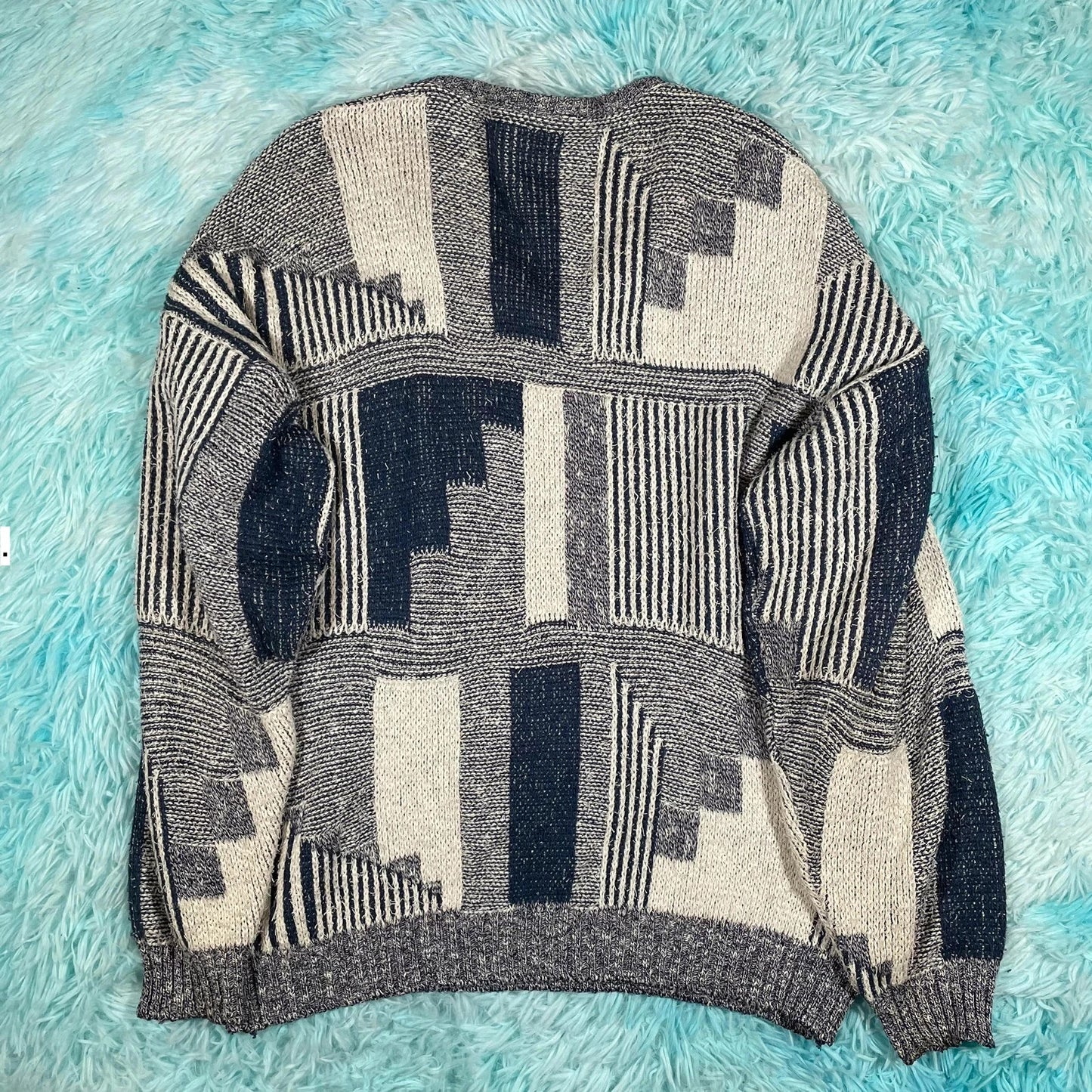Vintage 90s Navy & White Grunge Knitted Jumper - Large