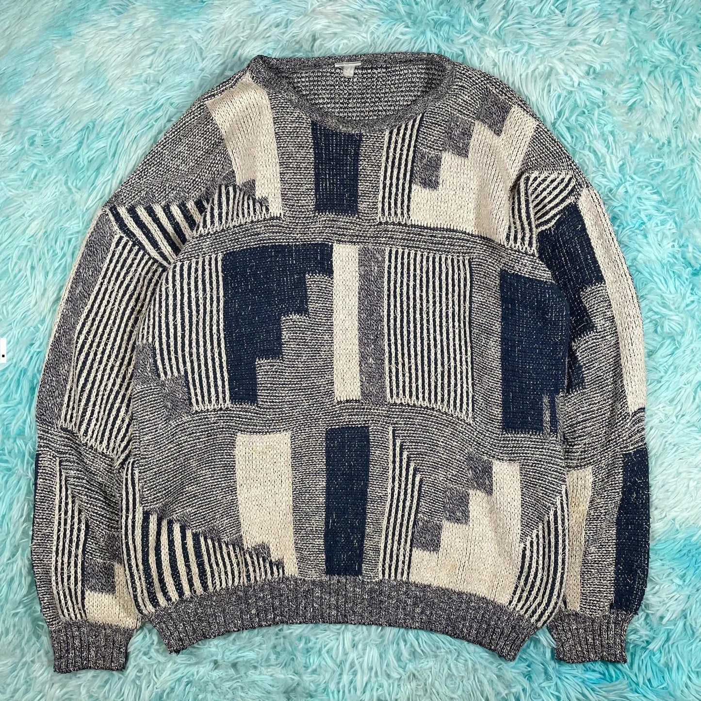 Vintage 90s Navy & White Grunge Knitted Jumper - Large