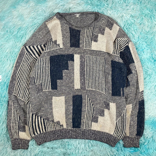 Vintage 90s Navy & White Grunge Knitted Jumper - Large