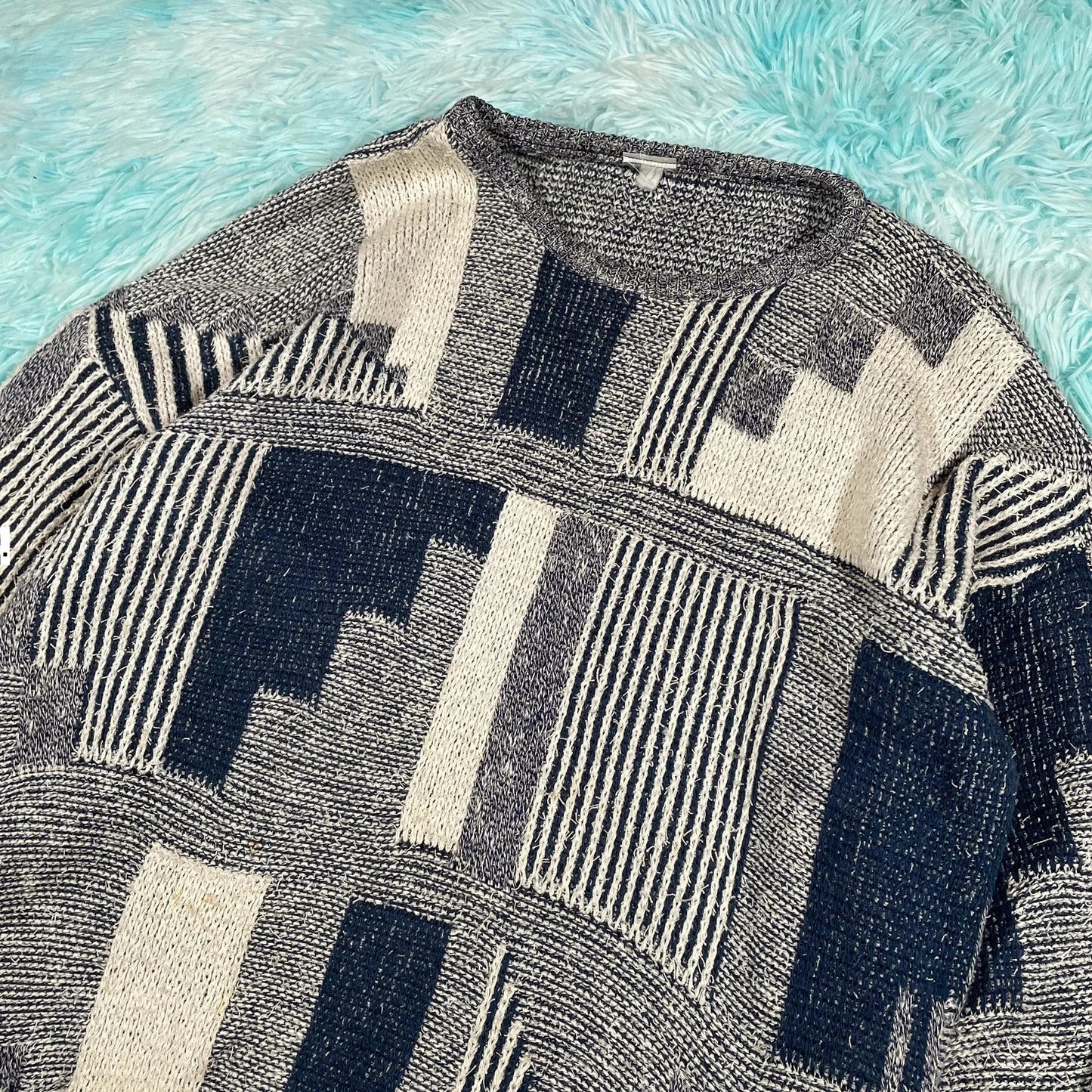 Vintage 90s Navy & White Grunge Knitted Jumper - Large