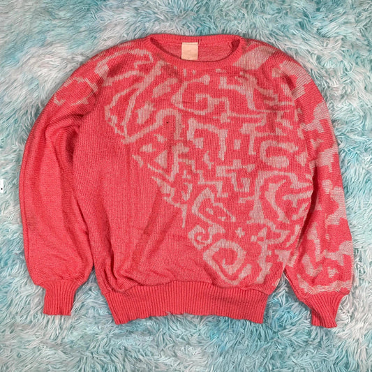 Vintage 80s Pink Patterned Knitted Jumper - Size 12