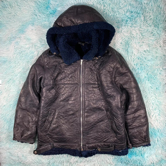 Vintage 90s Navy Shearling Jacket - Size 18