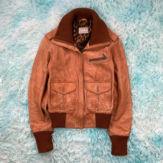 Vintage 00s Brown Oasis Fitted Leather Jacket - Size 10
