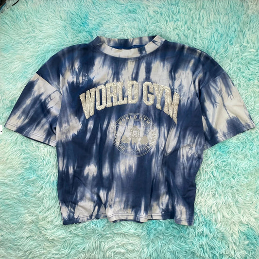 Vintage 90s Blue Tie Dye World Gym Graphic T Shirt - Large