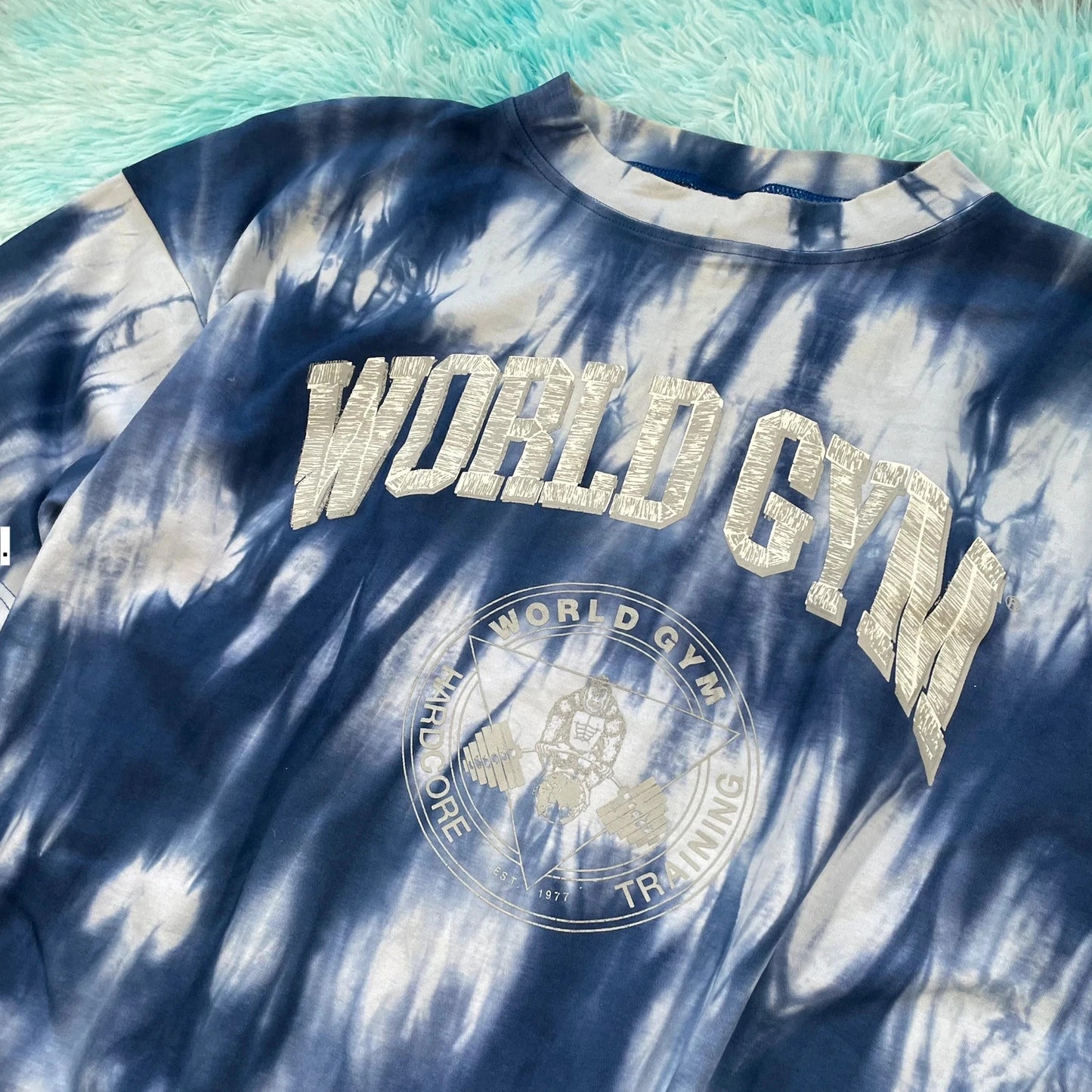 Vintage 90s Blue Tie Dye World Gym Graphic T Shirt - Large