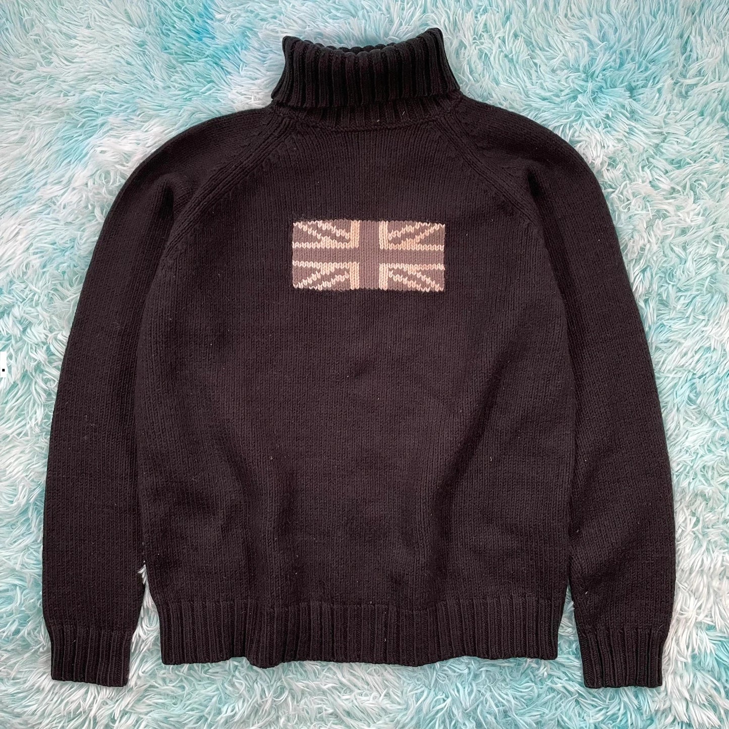 Vintage 90s Black Burton GB Flag Turtle Neck Knitted Jumper - Medium