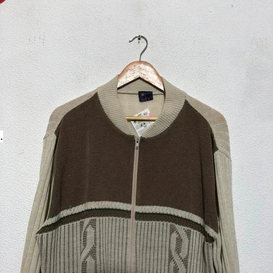 Vintage Beige & Brown Knitted Jumper Full Zip Grandad Jumper - Large