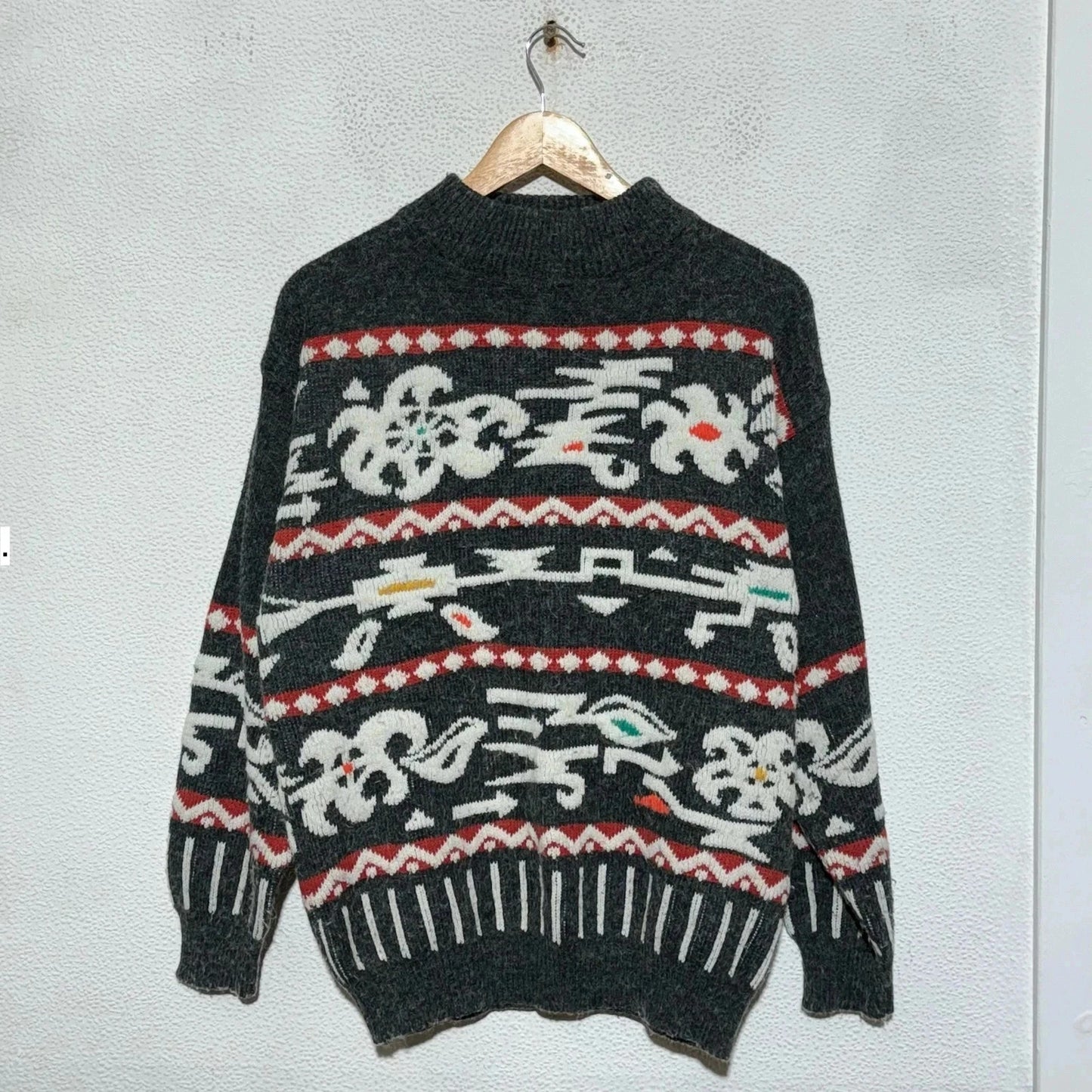 Vintage 90s Grey Patterned Knitted Jumper - Medium
