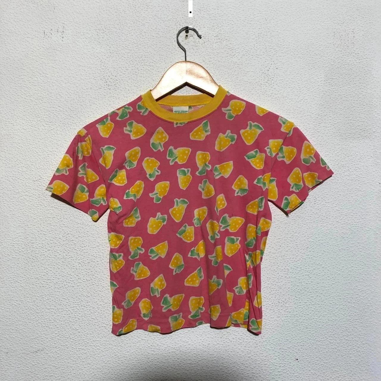 Vintage 80s Pink Benetton Baby Tee Lemon Print - Medium