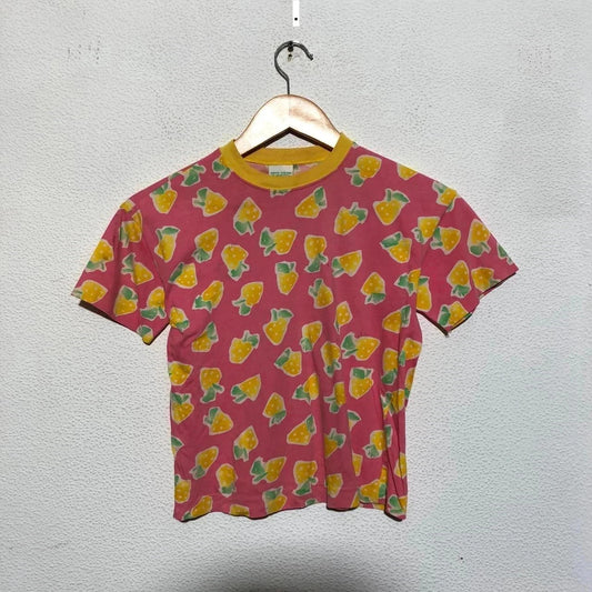 Vintage 80s Pink Benetton Baby Tee Lemon Print - Medium