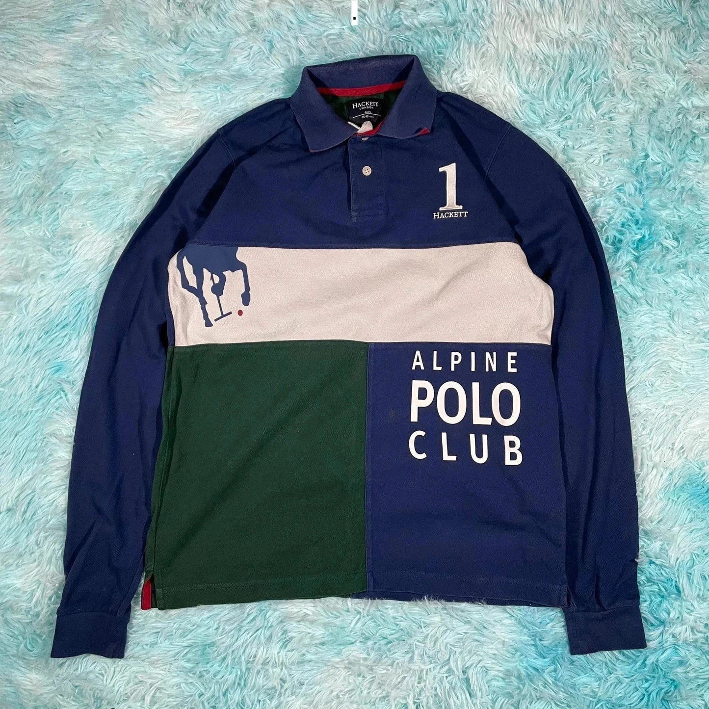 Navy & Green Hackett Polo Shirt Long Sleeve - Small