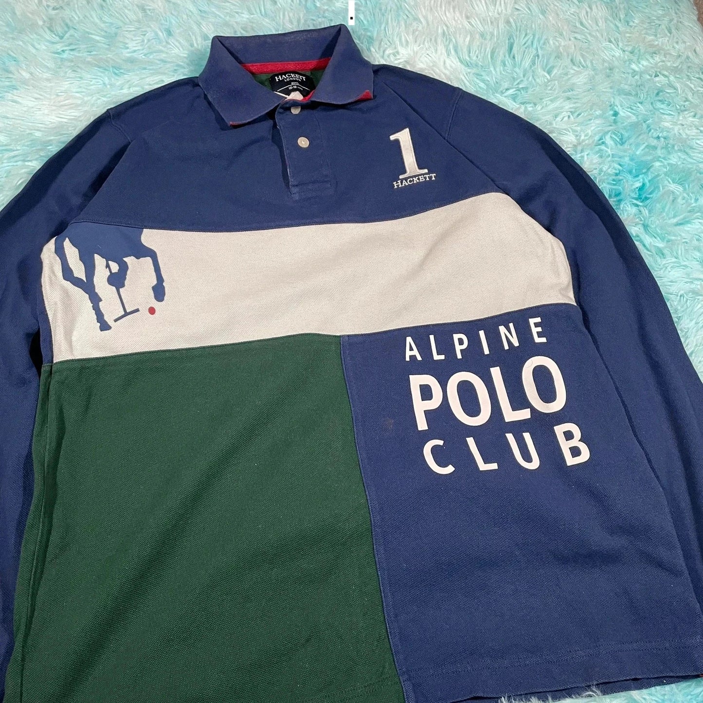 Navy & Green Hackett Polo Shirt Long Sleeve - Small