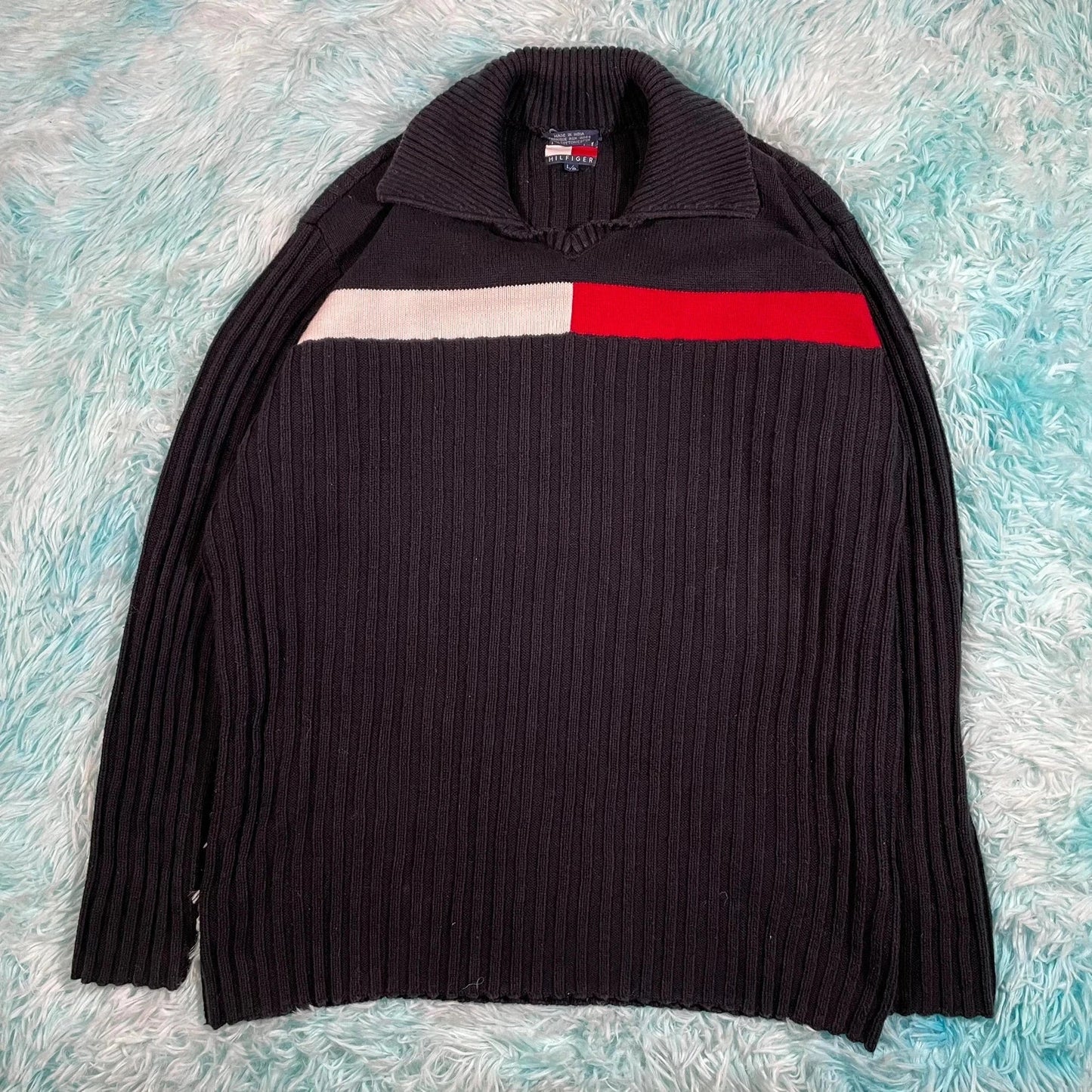 Vintage 00s y2k Black Tommy Hilfiger Knitted Jumper Flag - Large